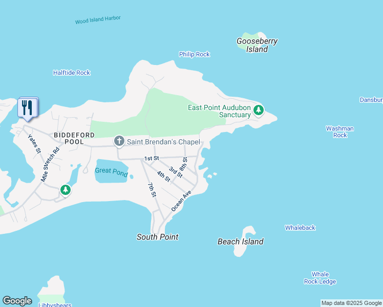 map of restaurants, bars, coffee shops, grocery stores, and more near 10 Ocean Avenue in Biddeford