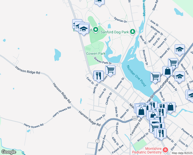 map of restaurants, bars, coffee shops, grocery stores, and more near 1 East Street in Sanford