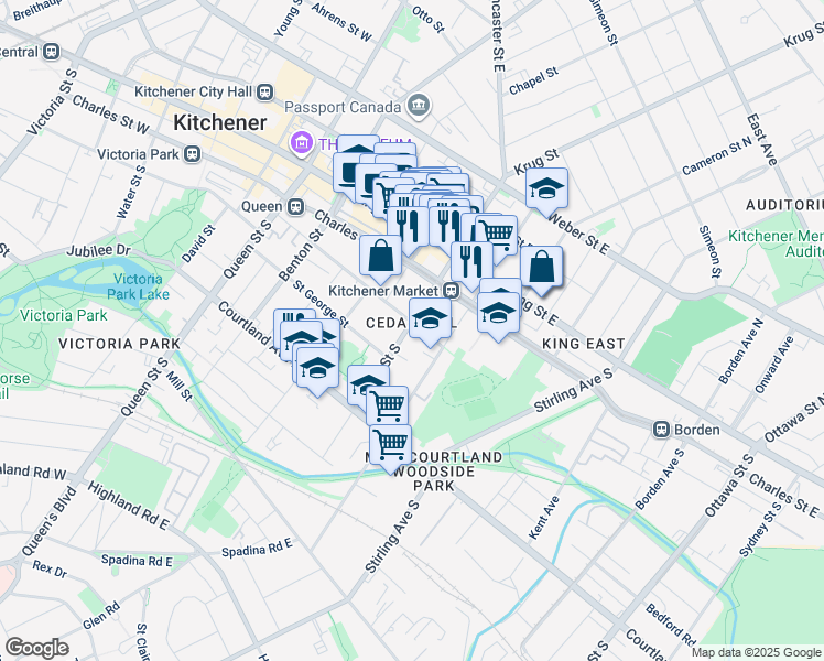 map of restaurants, bars, coffee shops, grocery stores, and more near 3 Cedar Street South in Kitchener
