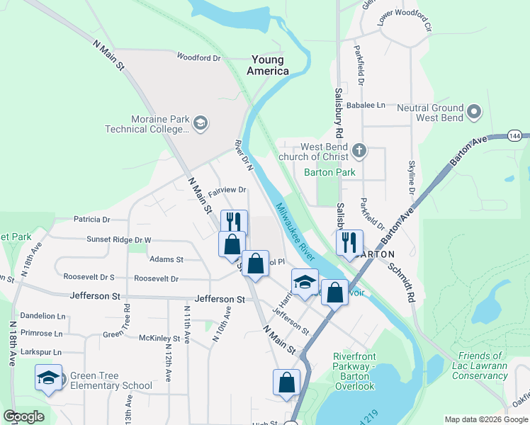 map of restaurants, bars, coffee shops, grocery stores, and more near 1913 Fairview Drive in West Bend