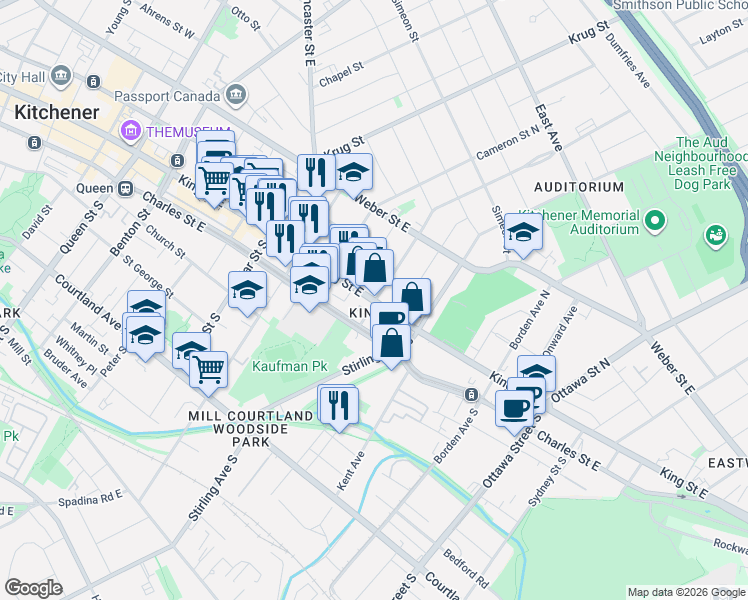 map of restaurants, bars, coffee shops, grocery stores, and more near 618 King St E in Kitchener
