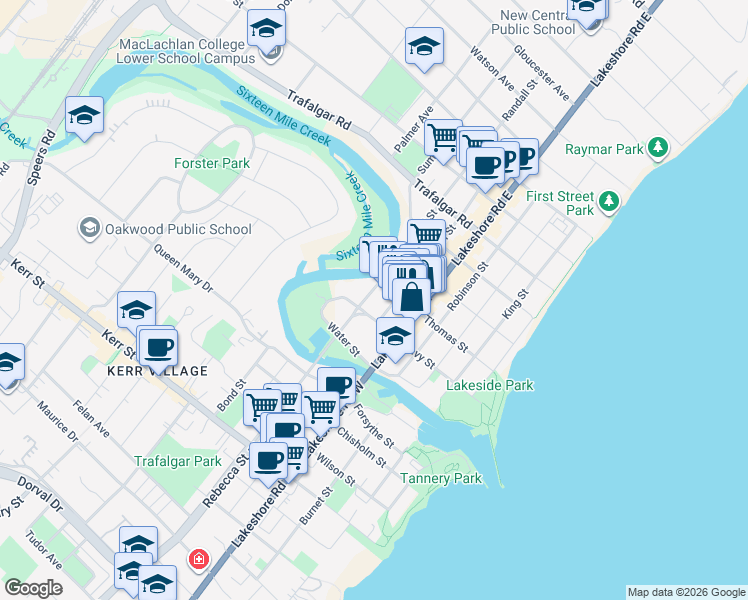 map of restaurants, bars, coffee shops, grocery stores, and more near 150 Randall Street in Oakville