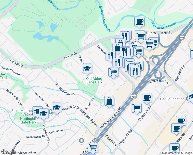 map of restaurants, bars, coffee shops, grocery stores, and more near Old Abbey Lane in Oakville