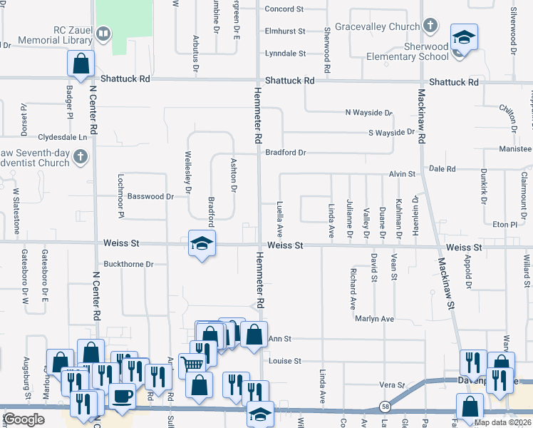 map of restaurants, bars, coffee shops, grocery stores, and more near 2640 Hemmeter Road in Saginaw