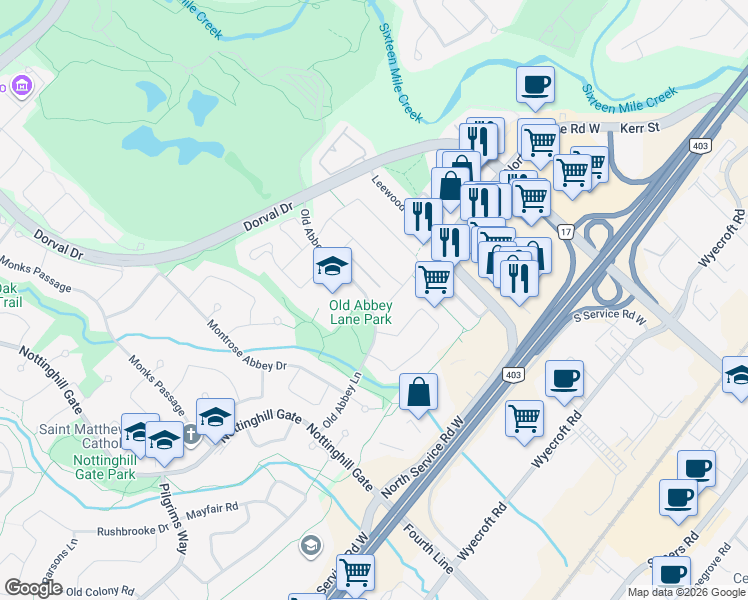 map of restaurants, bars, coffee shops, grocery stores, and more near 413 Maidstone Crescent in Oakville