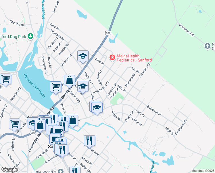 map of restaurants, bars, coffee shops, grocery stores, and more near 62B Thompson Street in Sanford