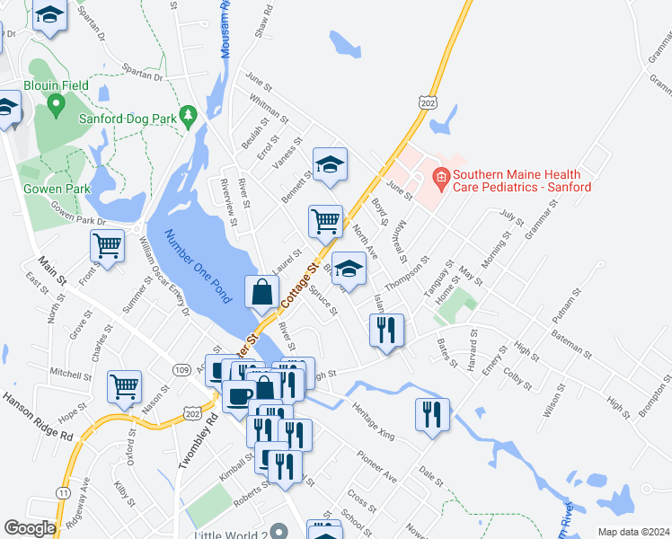 map of restaurants, bars, coffee shops, grocery stores, and more near 81 Cottage Street in Sanford