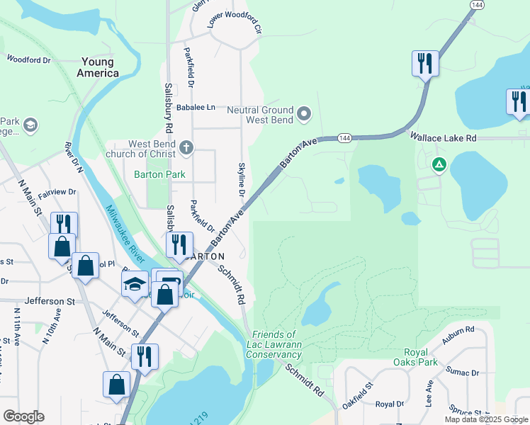 map of restaurants, bars, coffee shops, grocery stores, and more near 2113 Barton Avenue in West Bend
