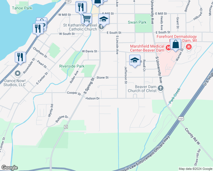 map of restaurants, bars, coffee shops, grocery stores, and more near 115 Stone Street in Beaver Dam