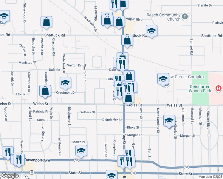 map of restaurants, bars, coffee shops, grocery stores, and more near 2763 Erna Drive in Saginaw