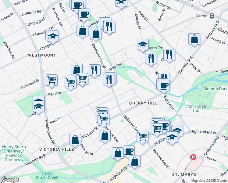 map of restaurants, bars, coffee shops, grocery stores, and more near Belmont Avenue West & Karn Street in Kitchener