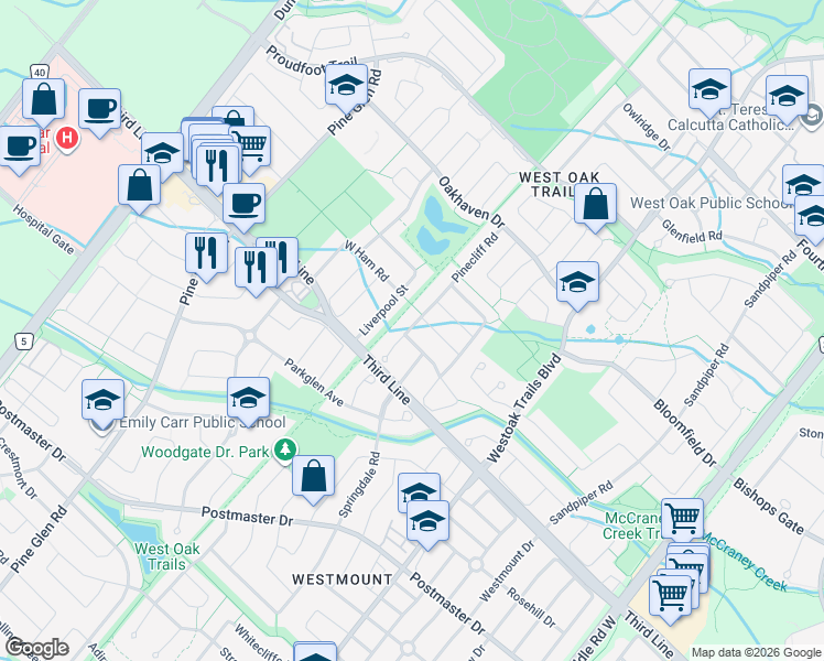 map of restaurants, bars, coffee shops, grocery stores, and more near in Oakville