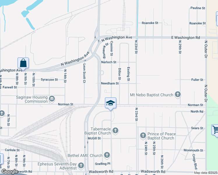 map of restaurants, bars, coffee shops, grocery stores, and more near 2423 Needham Street in Saginaw