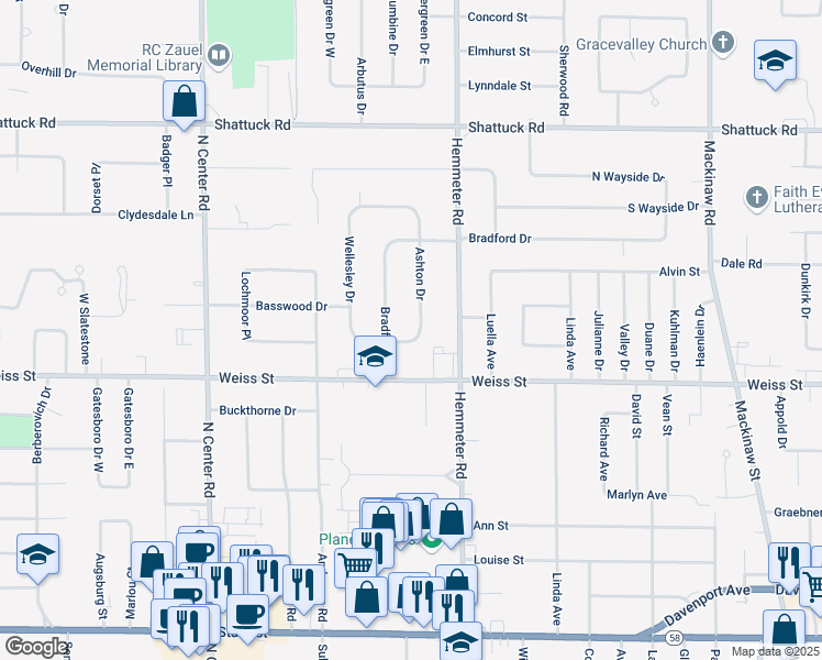 map of restaurants, bars, coffee shops, grocery stores, and more near 2646 Bradford Drive in Saginaw