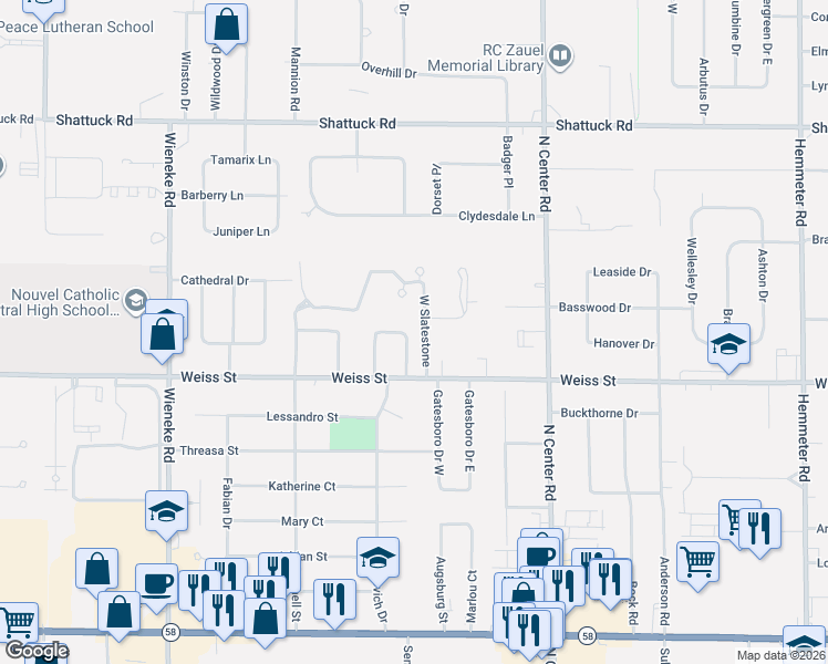 map of restaurants, bars, coffee shops, grocery stores, and more near 29 West Slatestone in Saginaw