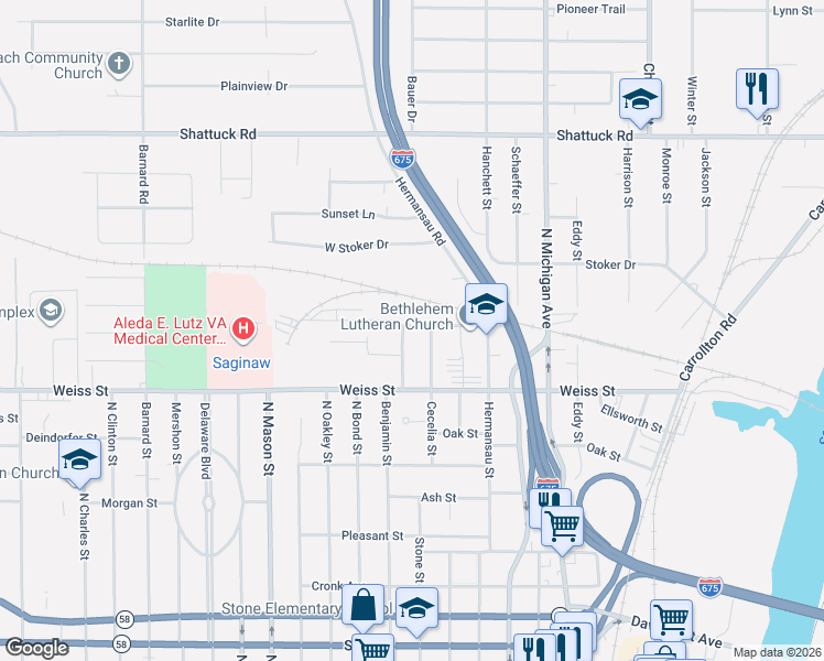 map of restaurants, bars, coffee shops, grocery stores, and more near 926 Greenfield Street in Saginaw