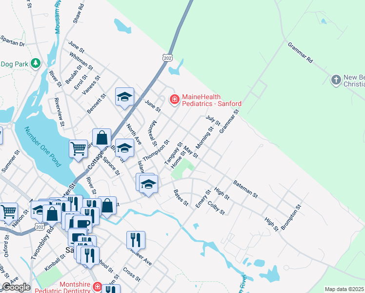 map of restaurants, bars, coffee shops, grocery stores, and more near 45 Sherburne Street in Sanford