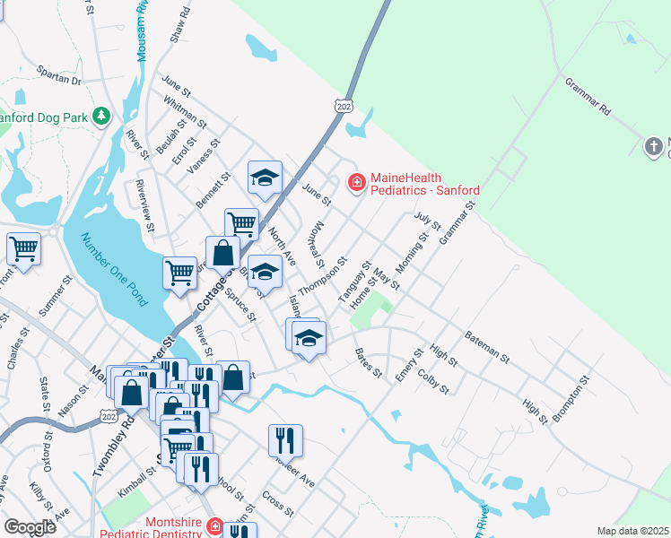 map of restaurants, bars, coffee shops, grocery stores, and more near 62B Thompson Street in Sanford