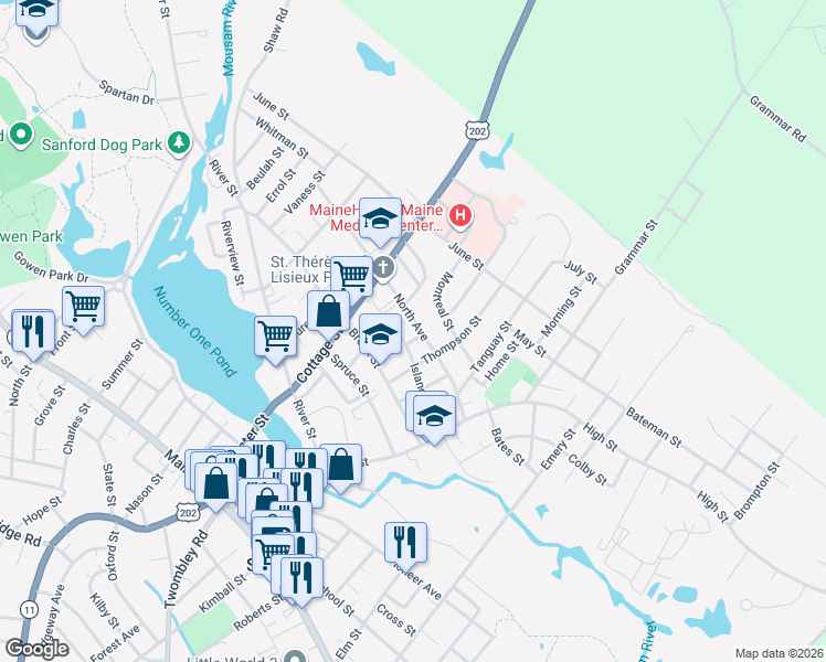 map of restaurants, bars, coffee shops, grocery stores, and more near 52 North Avenue in Sanford