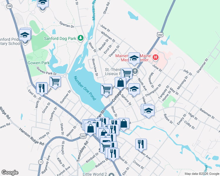 map of restaurants, bars, coffee shops, grocery stores, and more near 49 River Street in Sanford