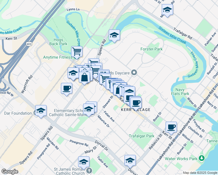 map of restaurants, bars, coffee shops, grocery stores, and more near in Oakville