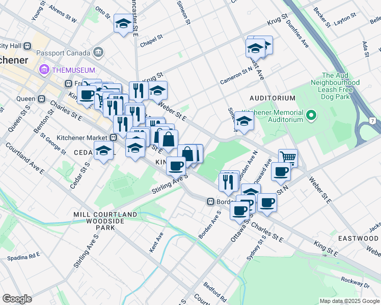 map of restaurants, bars, coffee shops, grocery stores, and more near in Kitchener