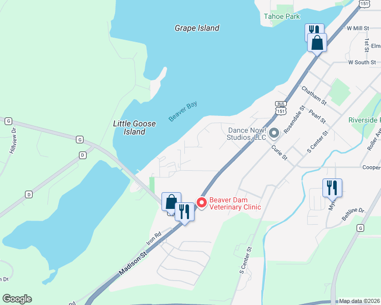 map of restaurants, bars, coffee shops, grocery stores, and more near 230 Baker Boulevard in Beaver Dam
