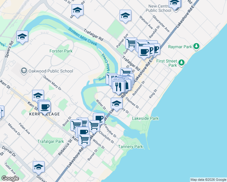 map of restaurants, bars, coffee shops, grocery stores, and more near 130 Thomas Street in Oakville