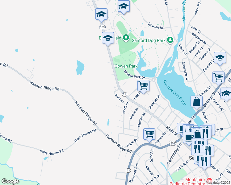 map of restaurants, bars, coffee shops, grocery stores, and more near 1 East Street in Sanford