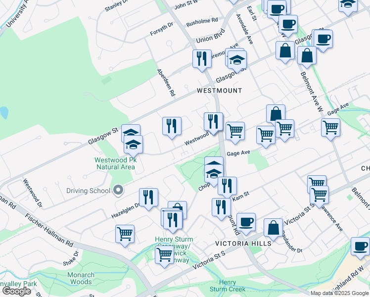 map of restaurants, bars, coffee shops, grocery stores, and more near 75 Westwood Drive in Kitchener