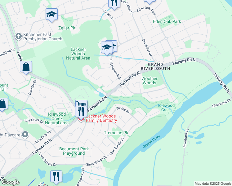 map of restaurants, bars, coffee shops, grocery stores, and more near 6 Upper Mercer Street in Kitchener