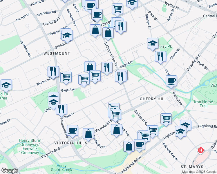 map of restaurants, bars, coffee shops, grocery stores, and more near 32 Brybeck Crescent in Kitchener