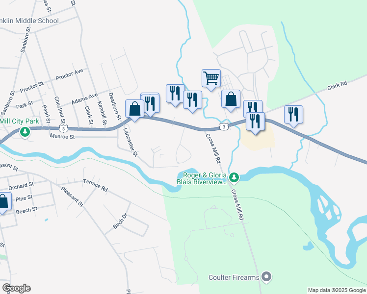 map of restaurants, bars, coffee shops, grocery stores, and more near Damy Drive in Franklin
