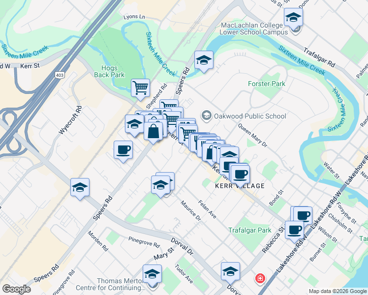 map of restaurants, bars, coffee shops, grocery stores, and more near 444 Kerr Street in Oakville