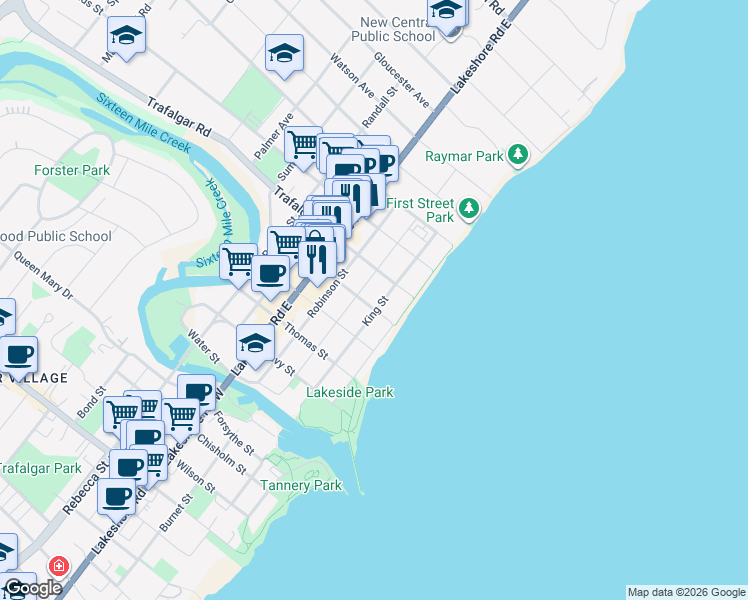 map of restaurants, bars, coffee shops, grocery stores, and more near 43 Dunn Street in Oakville
