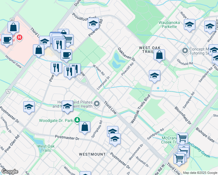 map of restaurants, bars, coffee shops, grocery stores, and more near in Oakville