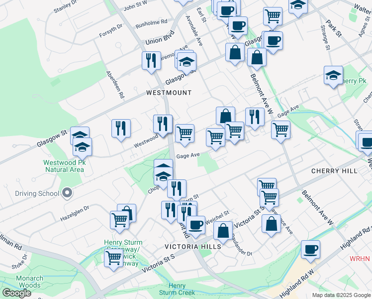 map of restaurants, bars, coffee shops, grocery stores, and more near 407 Gage Avenue in Kitchener