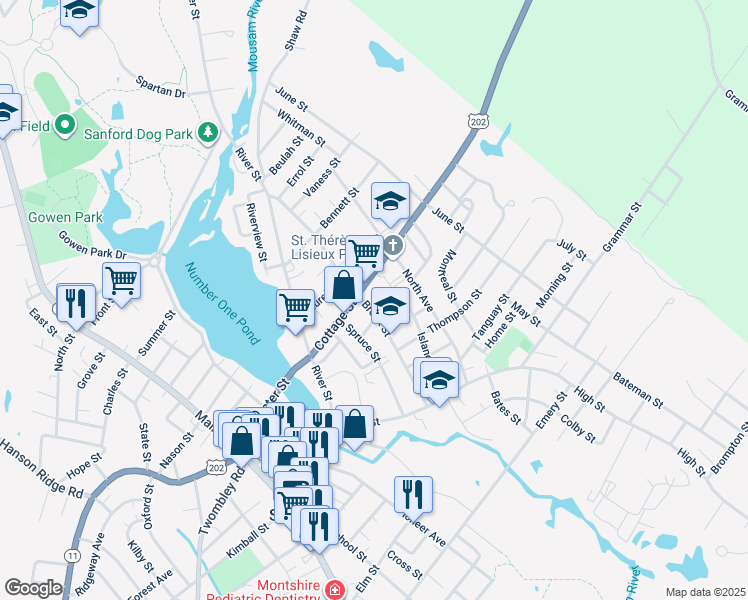 map of restaurants, bars, coffee shops, grocery stores, and more near 81 Cottage Street in Sanford