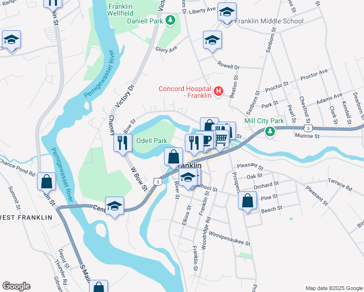 map of restaurants, bars, coffee shops, grocery stores, and more near 93 Memorial Street in Franklin