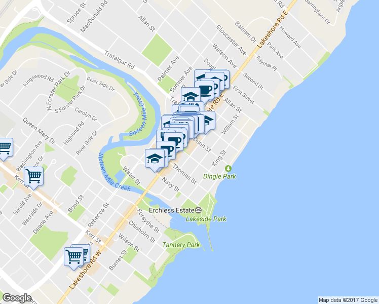 map of restaurants, bars, coffee shops, grocery stores, and more near 235 Lakeshore Road East in Oakville