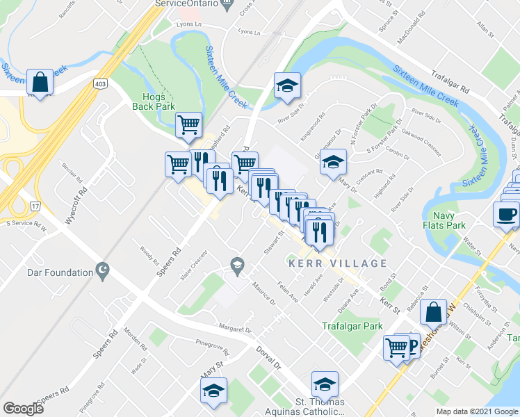 map of restaurants, bars, coffee shops, grocery stores, and more near in Oakville
