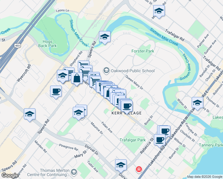 map of restaurants, bars, coffee shops, grocery stores, and more near 55 Stewart Street in Oakville
