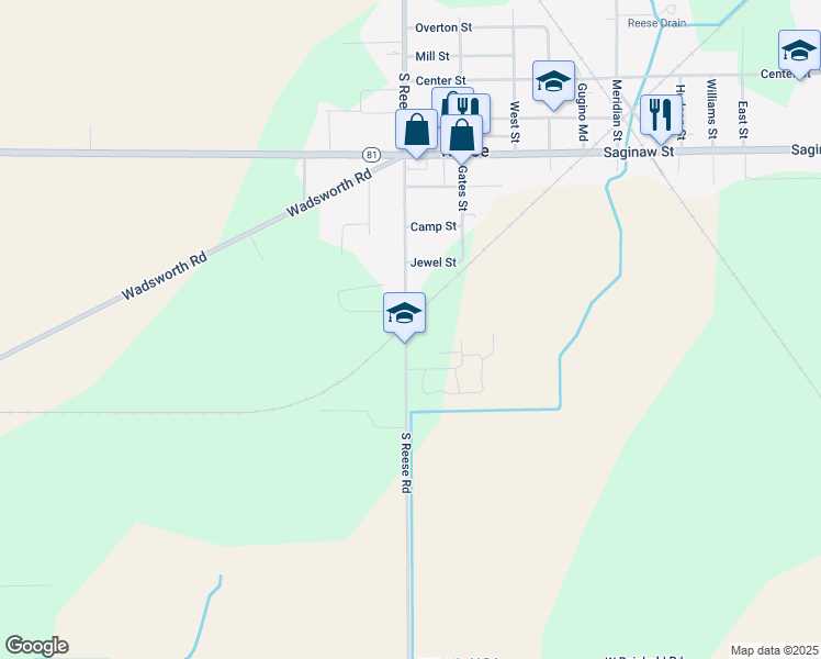 map of restaurants, bars, coffee shops, grocery stores, and more near 2185 South Reese Road in Reese