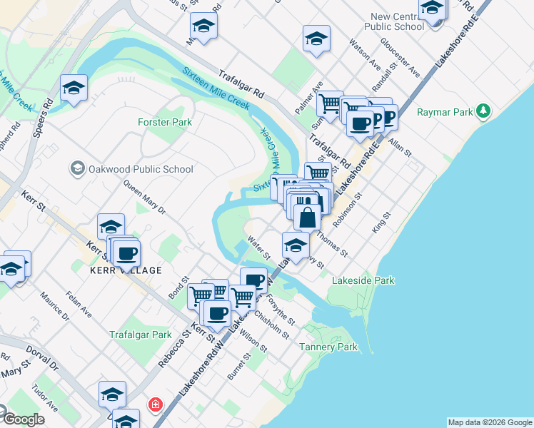 map of restaurants, bars, coffee shops, grocery stores, and more near 155 Navy Street in Oakville