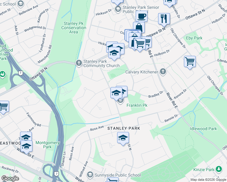 map of restaurants, bars, coffee shops, grocery stores, and more near 421 Franklin Street North in Kitchener