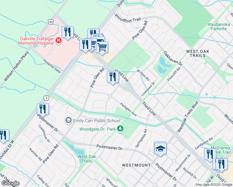 map of restaurants, bars, coffee shops, grocery stores, and more near 2418 Highcroft Road in Oakville