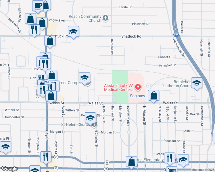map of restaurants, bars, coffee shops, grocery stores, and more near 2001 Hudson Street in Saginaw