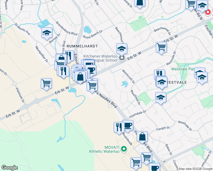 map of restaurants, bars, coffee shops, grocery stores, and more near 38 Westhill Drive in Waterloo