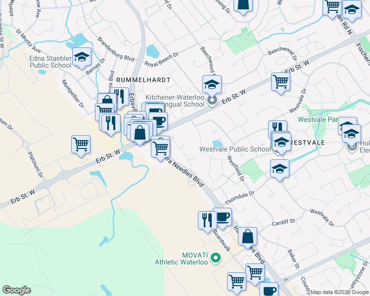 map of restaurants, bars, coffee shops, grocery stores, and more near 28 Westhill Drive in Waterloo