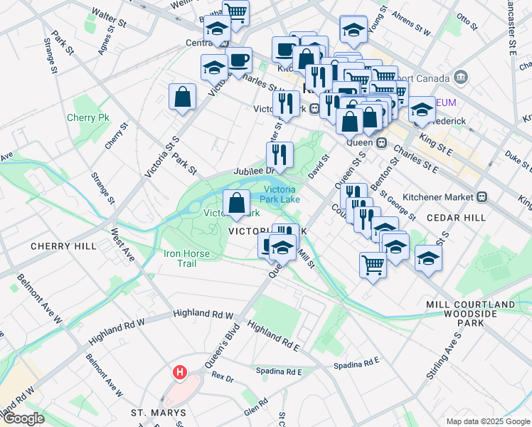 map of restaurants, bars, coffee shops, grocery stores, and more near 19 Roland Street in Kitchener